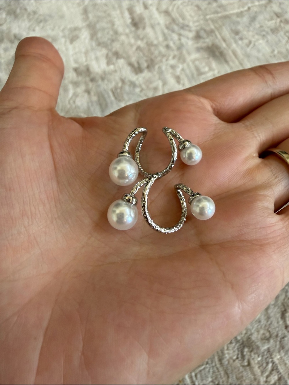 Double Pearl Open Ear Cuff Earrings Silver Tone Non-Pierced